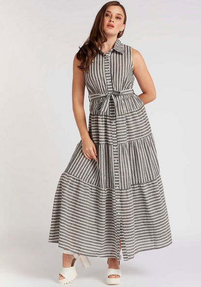 2Xtremz Striped Collared Sleeveless Tiered Maxi Dress