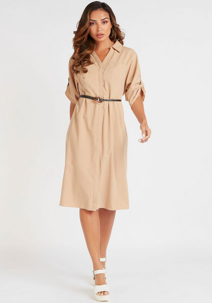 2Xtremz Solid Midi Shirt Dress with 3/4 Sleeves and Belt