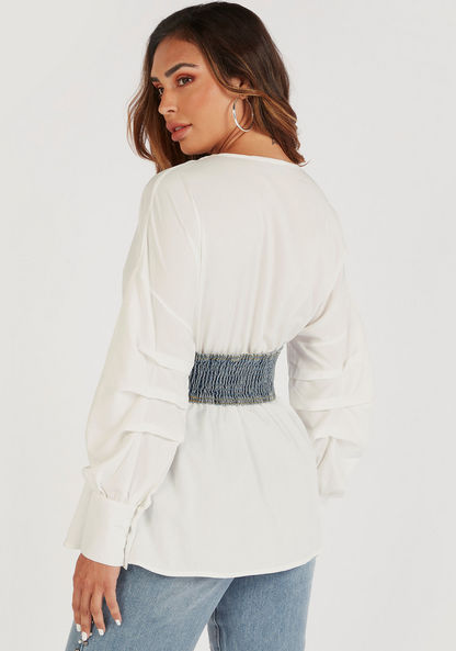 2Xtremz Solid Top with Pleat Detailed Bishop Sleeves and Smocked Waist