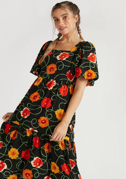 2Xtremz Floral Print Midi A-line Tiered Dress with Balloon Sleeves and Tie-Ups