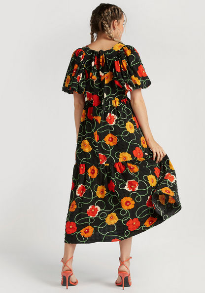 2Xtremz Floral Print Midi A-line Tiered Dress with Balloon Sleeves and Tie-Ups