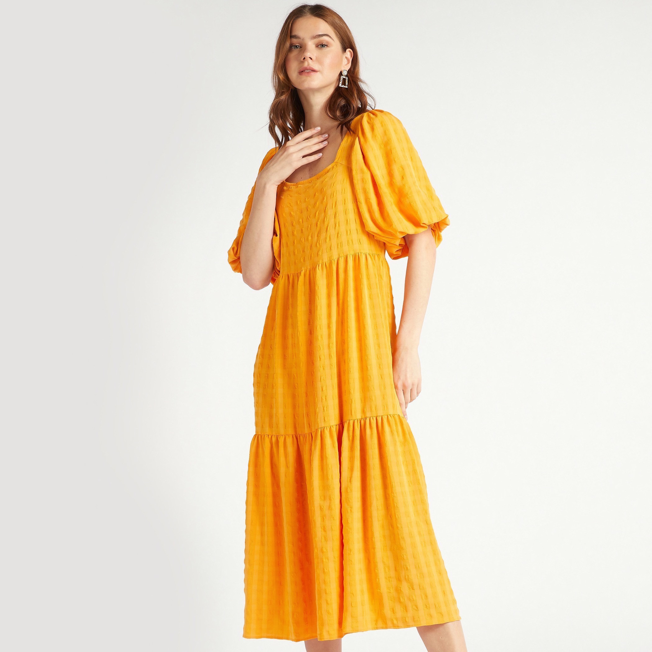 2Xtremz Textured Square Neck Midi A-line Dress with Short Sleeves-women-clothing-dresses-image-1