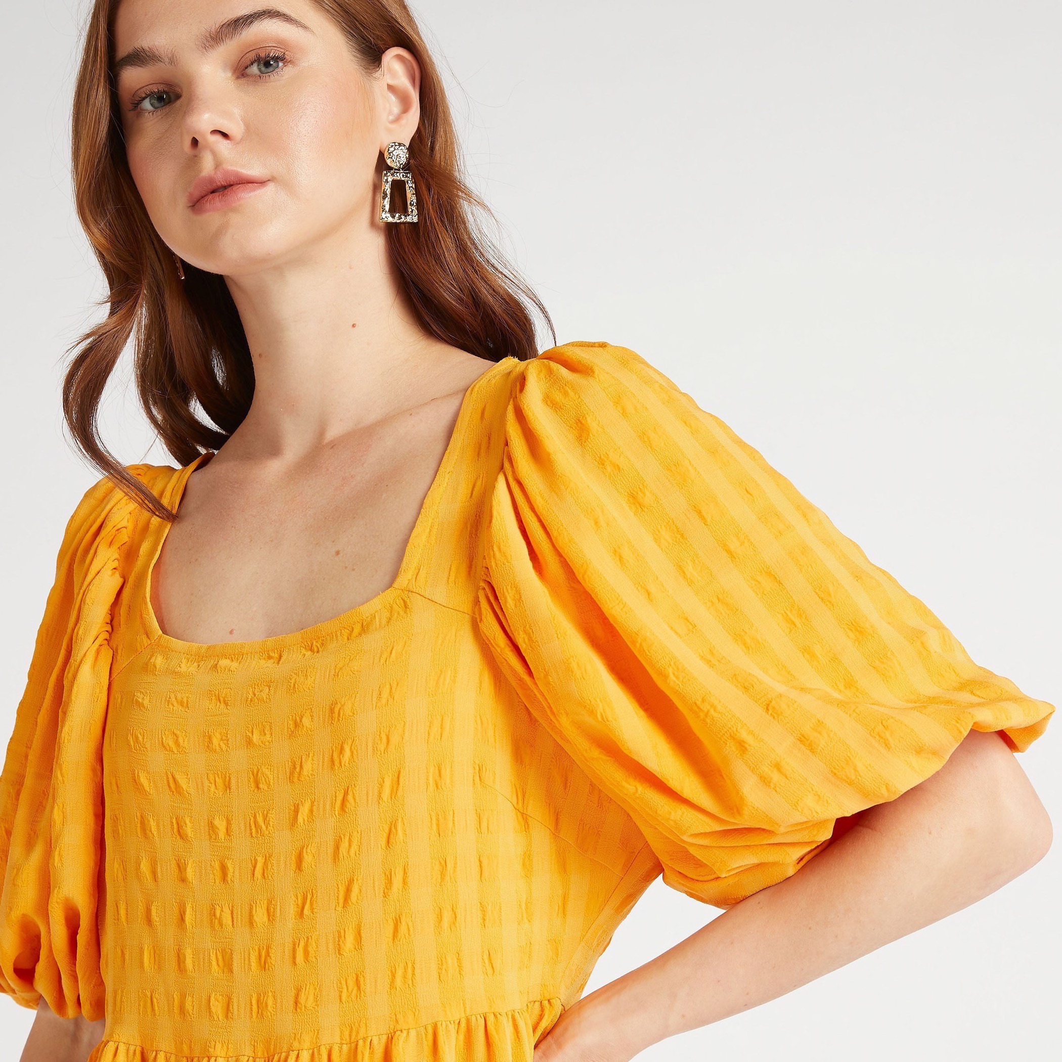 2Xtremz Textured Square Neck Midi A-line Dress with Short Sleeves-women-clothing-dresses-image-3