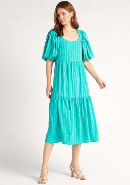 2Xtremz Textured Square Neck Midi A-line Dress with Short Sleeves