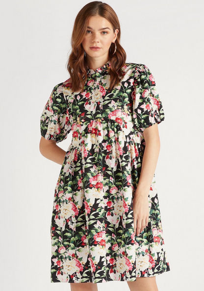 2Xtremz Floral Print A-line Mini Dress with Mandarin Collar and Puff Sleeves