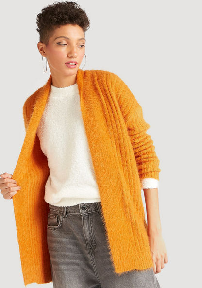 Textured Shawl Neck Cardigan with Long Sleeves