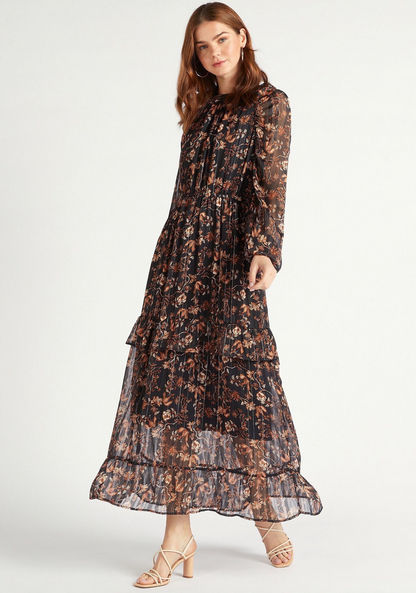 2Xtremz Floral Print High Neck Maxi A-Line Tiered Dress with Long Lantern Sleeves