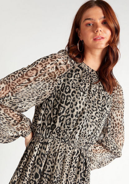 2Xtremz Animal Print High Neck Maxi A-Line Tiered Dress with Long Sleeves