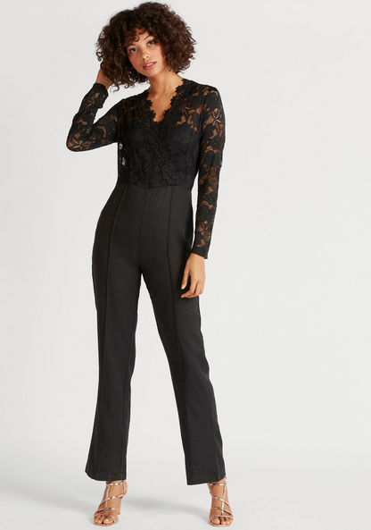 2Xtremz Lace Detailed Maxi Jumpsuit with Long Sleeves
