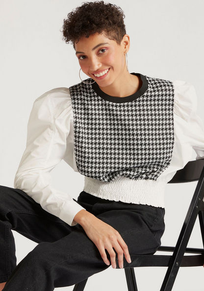2Xtremz Crew Neck Houndstooth Print Top with Long Sleeves