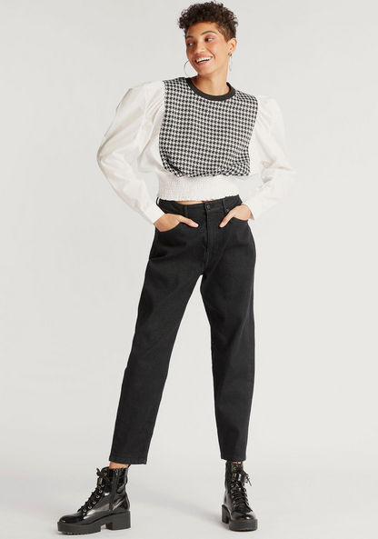 2Xtremz Crew Neck Houndstooth Print Top with Long Sleeves