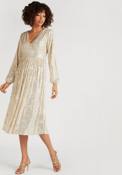 2Xtremz Embellished Midi A-line Dress with Long Sleeves and V-neck