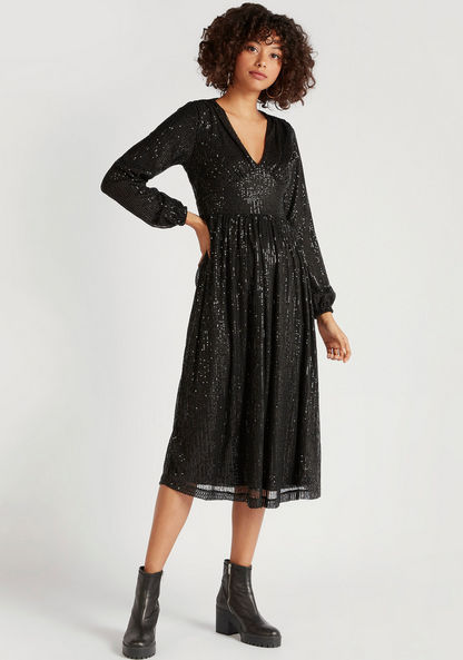 2Xtremz Embellished Midi A-line Dress with Long Sleeves and V-neck