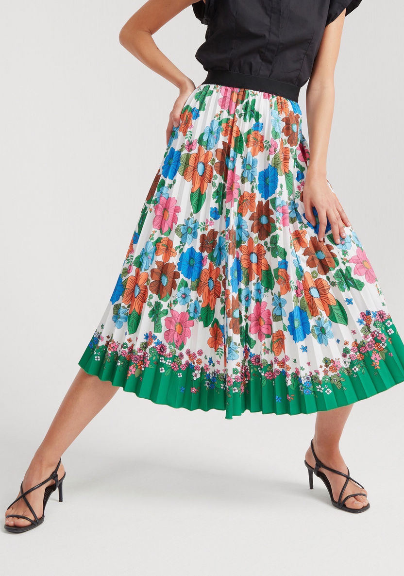 2Xtremz Floral Print Midi A-line Pleated Skirt with Elasticated Waistband-Skirts-image-0