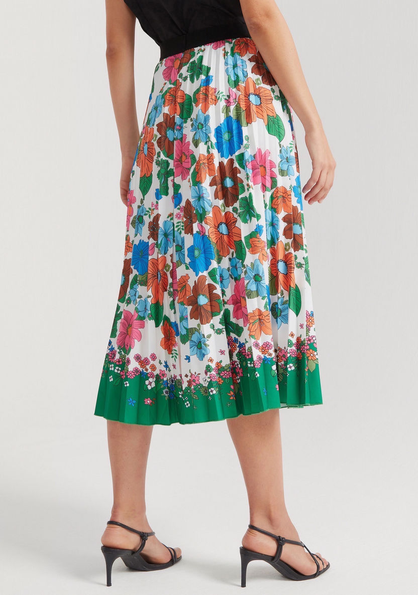 2Xtremz Floral Print Midi A-line Pleated Skirt with Elasticated Waistband-Skirts-image-3