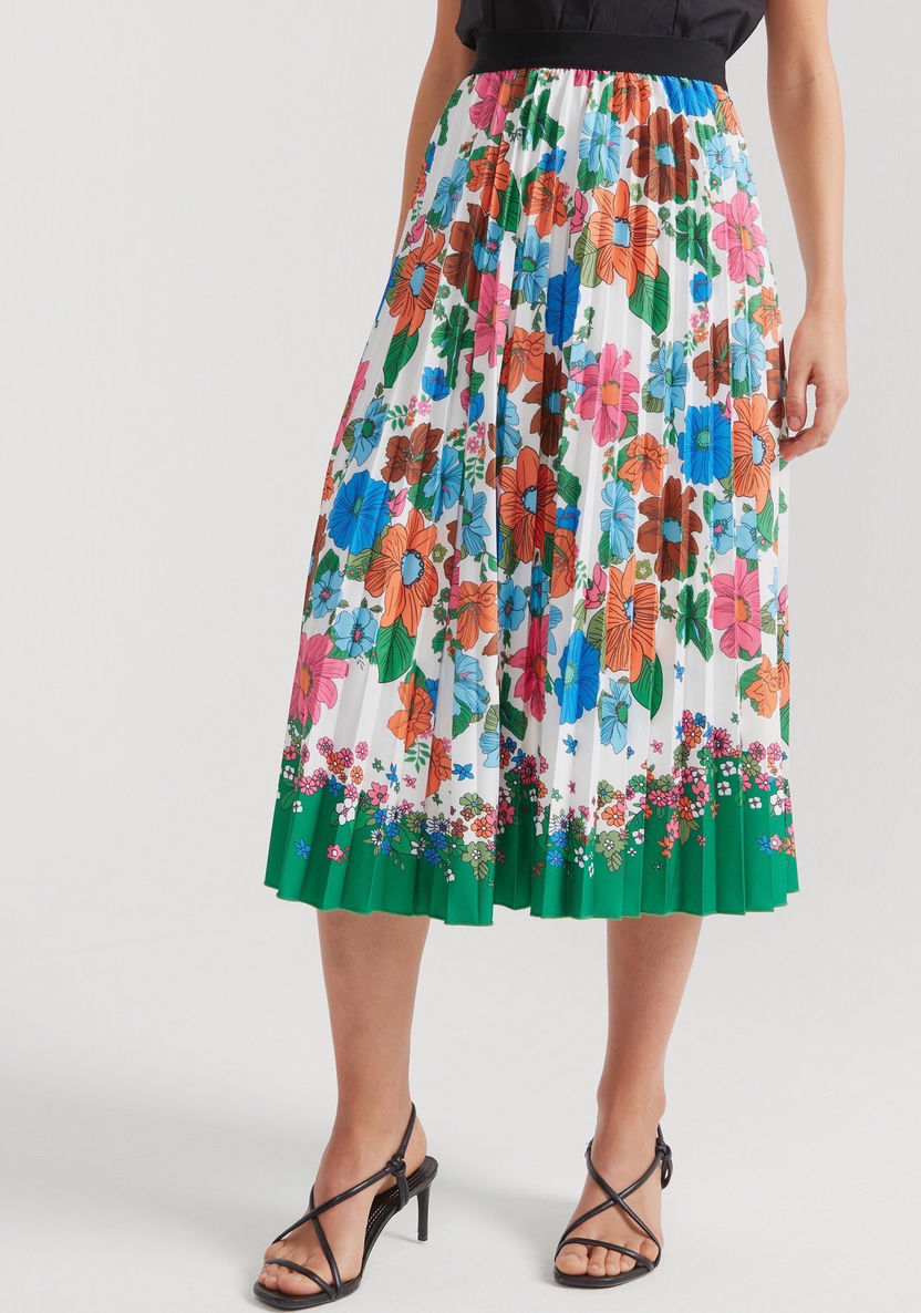 2Xtremz Floral Print Midi A-line Pleated Skirt with Elasticated Waistband-Skirts-image-4