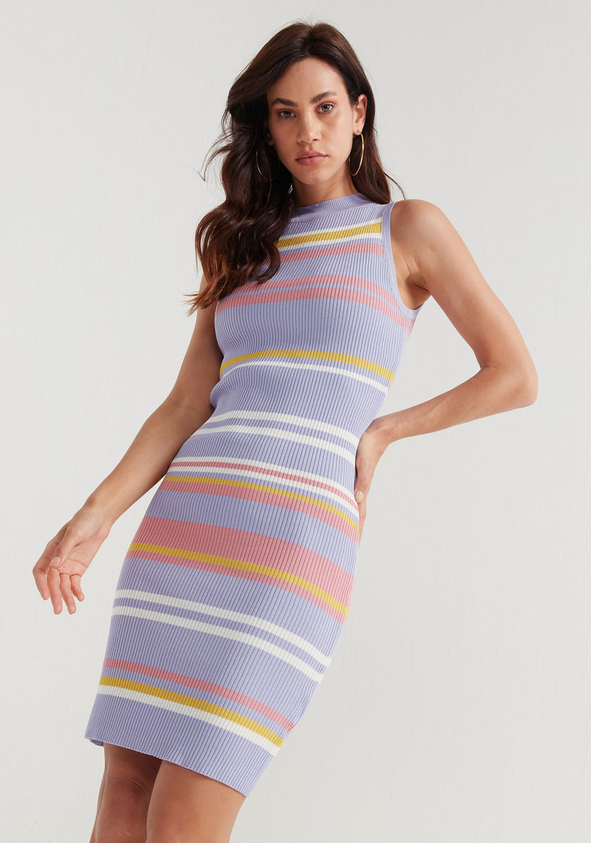 2Xtremz Striped Sleeveless Mini Bodycon Dress with High Neck-Dresses-image-1