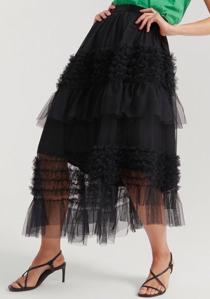 2Xtremz Textured Midi A-line Skirt with Ruffle Detail and Elasticated Waist-Skirts-image-0