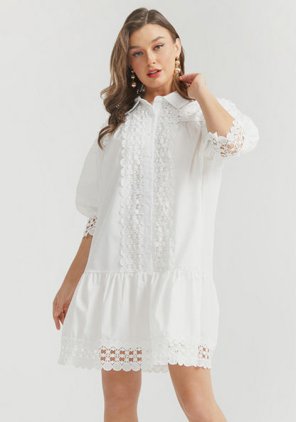 2Xtremz Lace Mini Shirt Dress with Spread Collar and Button Placket-Dresses-image-0