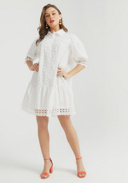 2Xtremz Lace Mini Shirt Dress with Spread Collar and Button Placket-Dresses-image-1