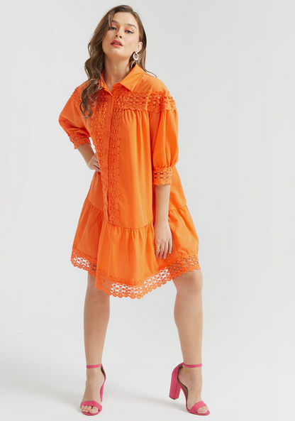 2Xtremz Lace Mini Shirt Dress with Spread Collar and Button Placket-Dresses-image-2