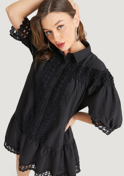 2Xtremz Lace Mini Shirt Dress with Spread Collar and Button Placket-Dresses-image-0