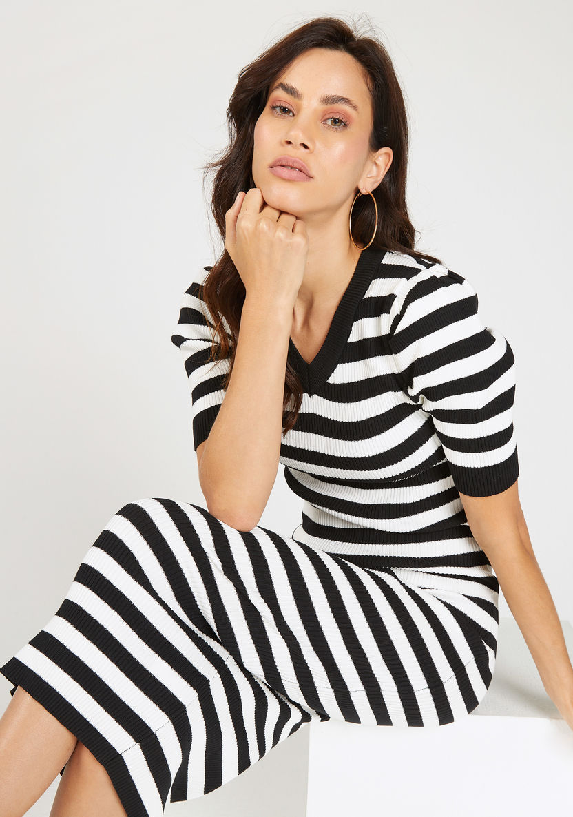 2Xtremz Striped Midi Bodycon Dress with V-neck and Short Sleeves-Dresses-image-0
