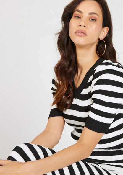 2Xtremz Striped Midi Bodycon Dress with V-neck and Short Sleeves-Dresses-image-4