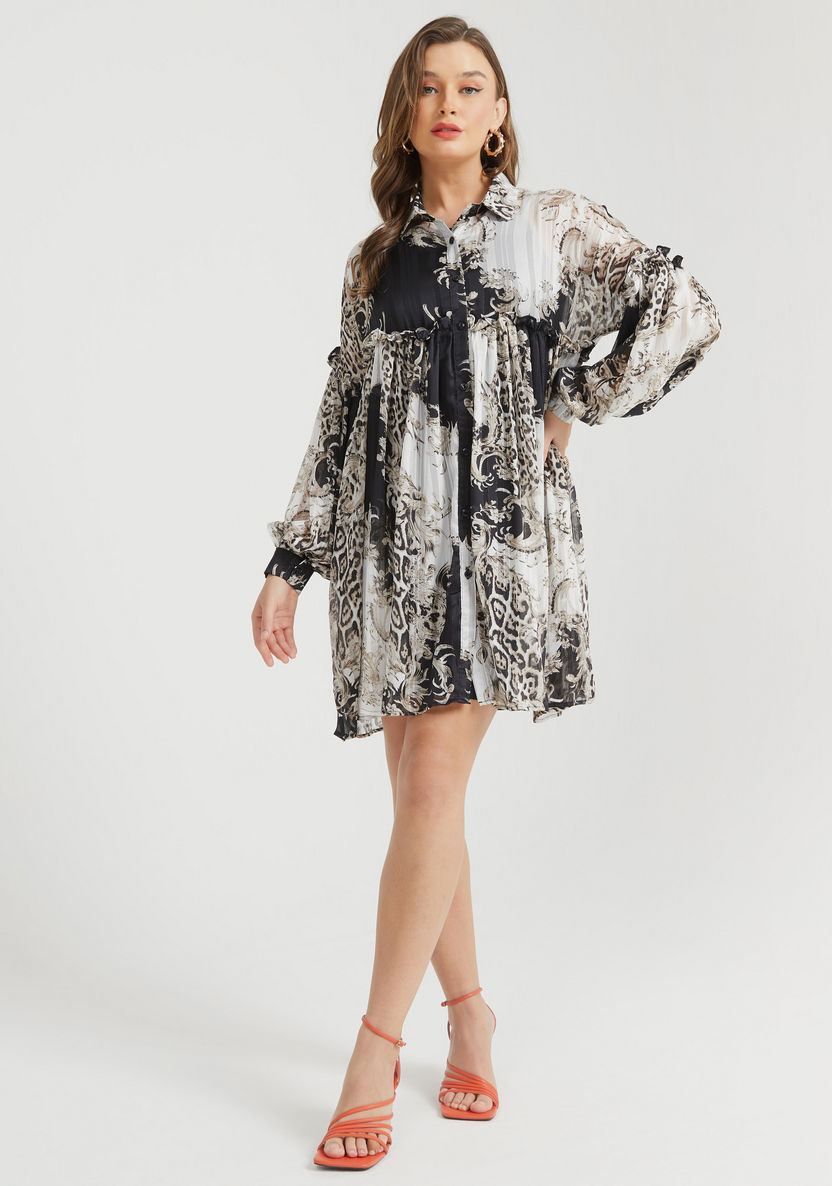 2Xtremz Printed Shirt Dress with Long Sleeves and Ruffle Detail-Dresses-image-1