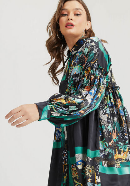 2Xtremz Printed Shirt Dress with Long Sleeves and Ruffle Detail-Dresses-image-0