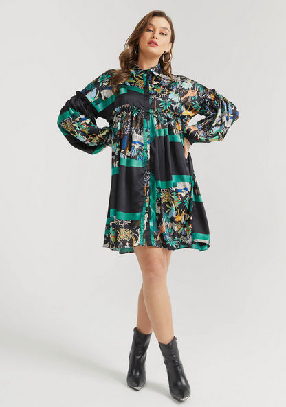 2Xtremz Printed Shirt Dress with Long Sleeves and Ruffle Detail-Dresses-image-1