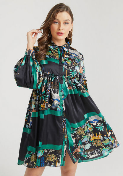 2Xtremz Printed Shirt Dress with Long Sleeves and Ruffle Detail-Dresses-image-2