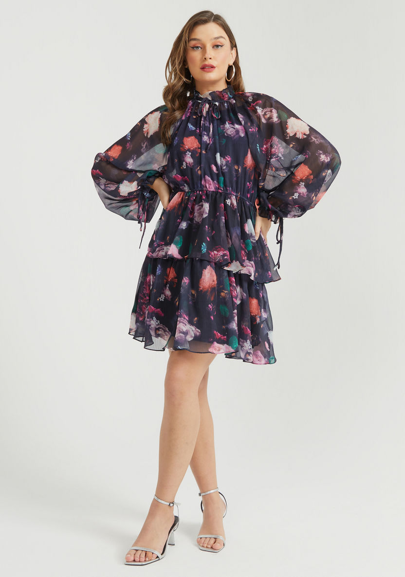 2Xtremz Floral Print Tiered Dress with Bishop Sleeves and Tie Up Detail-Dresses-image-1
