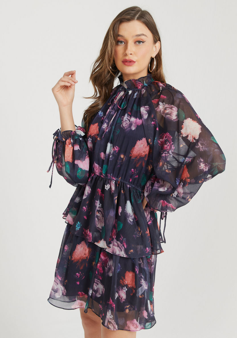 2Xtremz Floral Print Tiered Dress with Bishop Sleeves and Tie Up Detail-Dresses-image-2
