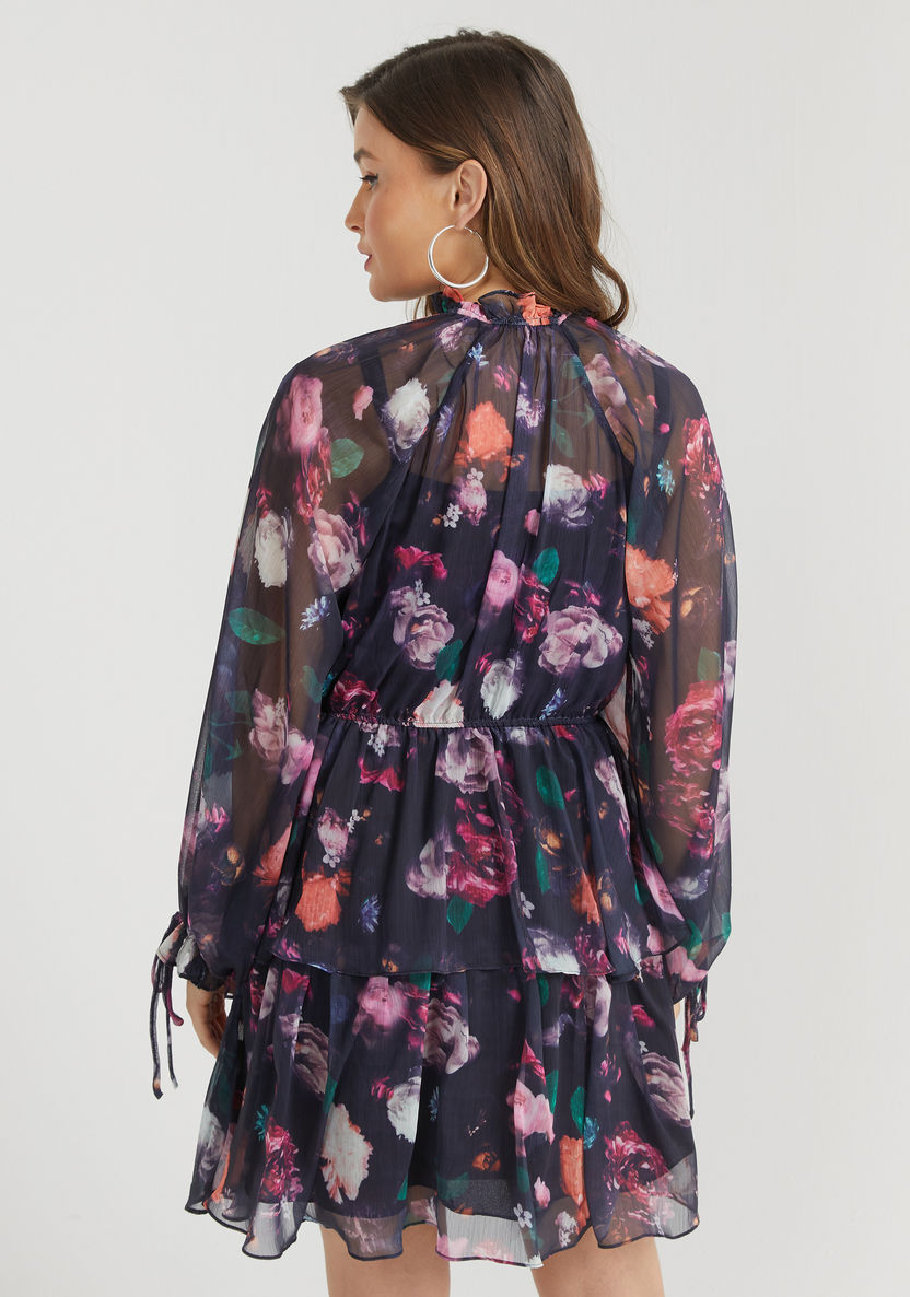 2Xtremz Floral Print Tiered Dress with Bishop Sleeves and Tie Up Detail-Dresses-image-3