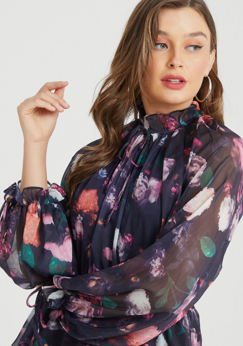 2Xtremz Floral Print Tiered Dress with Bishop Sleeves and Tie Up Detail-Dresses-image-4