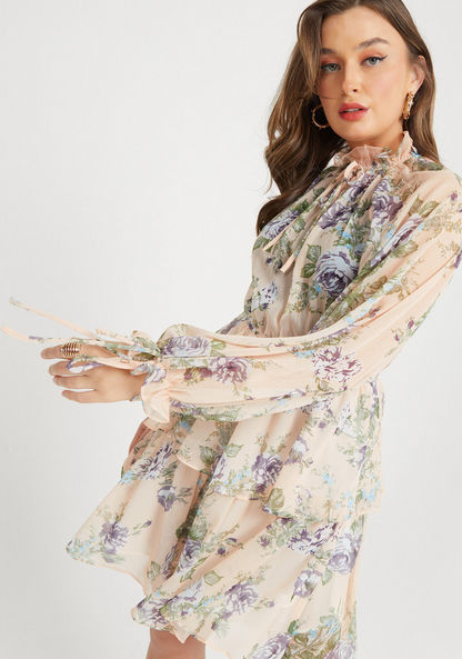 2Xtremz Floral Print Tiered Dress with Bishop Sleeves and Tie Up Detail-Dresses-image-0