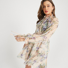 2Xtremz Floral Print Tiered Dress with Bishop Sleeves and Tie Up Detail
