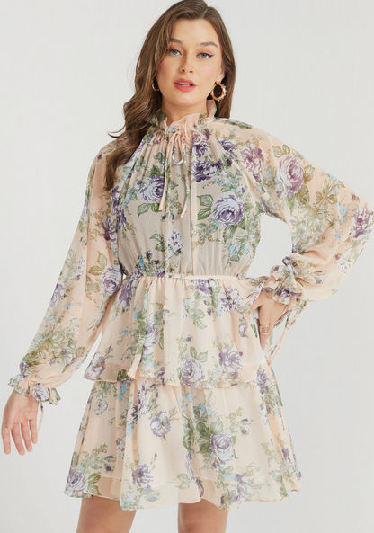 2Xtremz Floral Print Tiered Dress with Bishop Sleeves and Tie Up Detail-Dresses-image-2