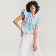 2Xtremz Floral Print Shirt with Ruffled Sleeves and Button Closure