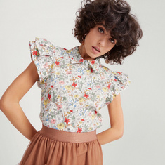 2Xtremz Floral Print Shirt with Ruffled Sleeves and Button Closure