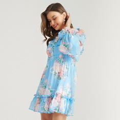 2Xtremz Floral Print Off-Shoulder Mini A-line Dress with Ruffle Detail
