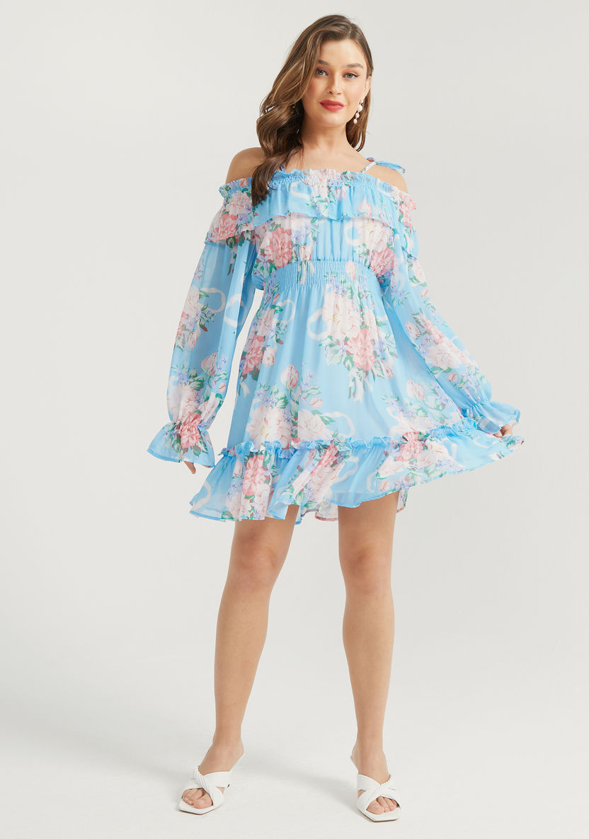 2Xtremz Floral Print Off-Shoulder Mini A-line Dress with Ruffle Detail-Dresses-image-1