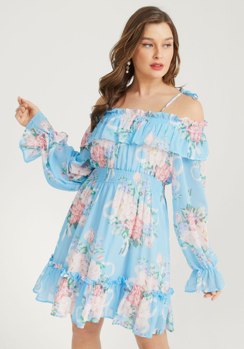 2Xtremz Floral Print Off-Shoulder Mini A-line Dress with Ruffle Detail-Dresses-image-2