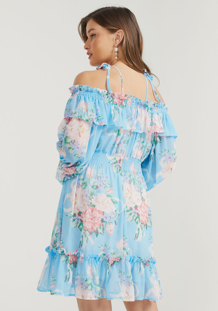 2Xtremz Floral Print Off-Shoulder Mini A-line Dress with Ruffle Detail-Dresses-image-3