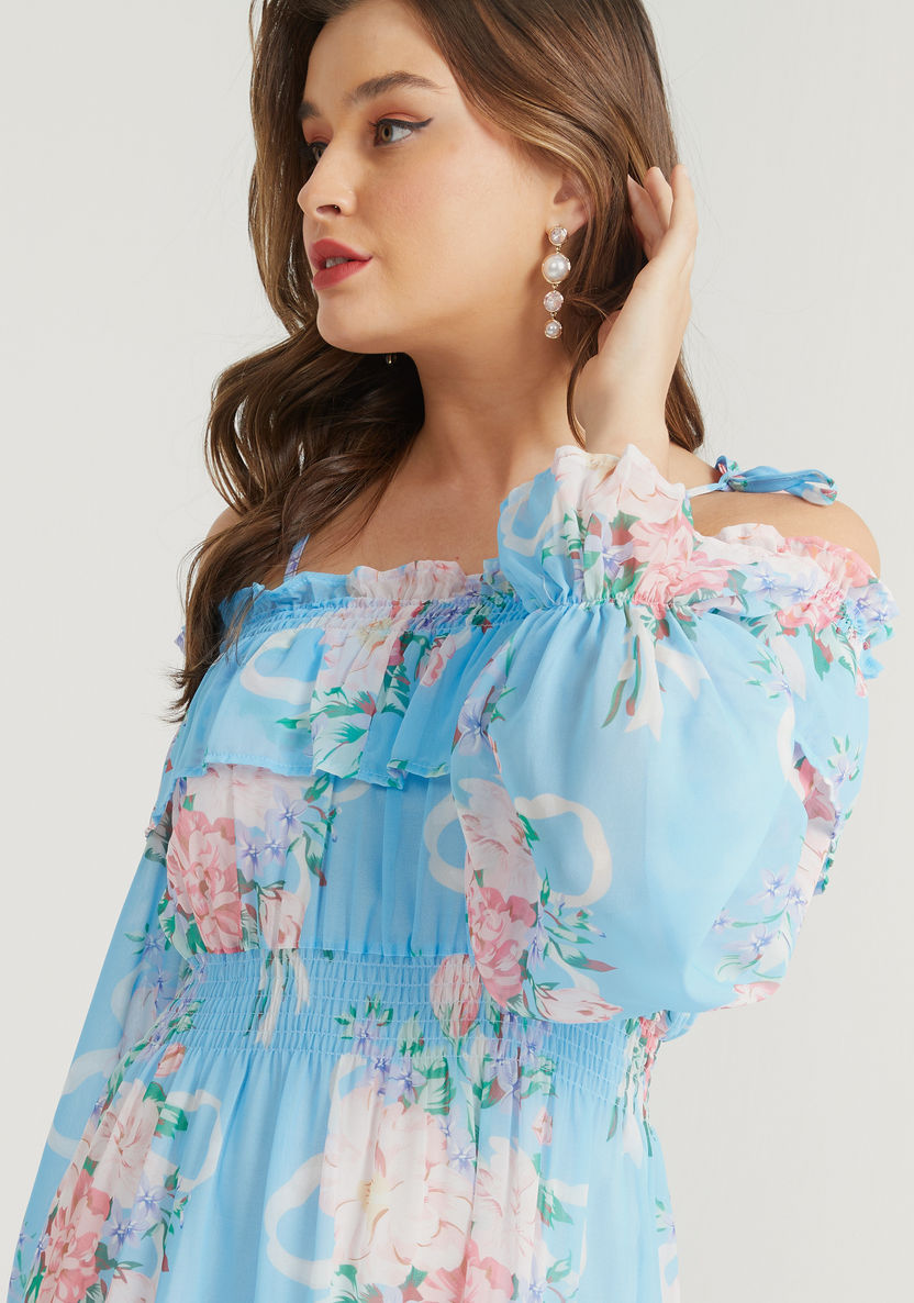2Xtremz Floral Print Off-Shoulder Mini A-line Dress with Ruffle Detail-Dresses-image-4