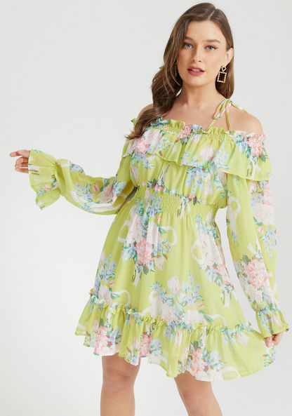2Xtremz Floral Print Off-Shoulder Mini A-line Dress with Ruffle Detail-Dresses-image-0
