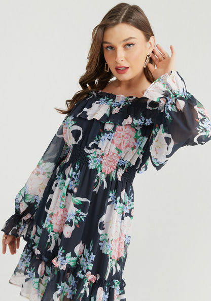 2Xtremz Floral Print Off-Shoulder Mini A-line Dress with Ruffle Detail-Dresses-image-2