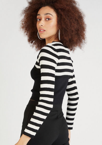 2Xtremz Striped Crop T-shirt with Long Sleeves and Crew Neck-T Shirts-image-3