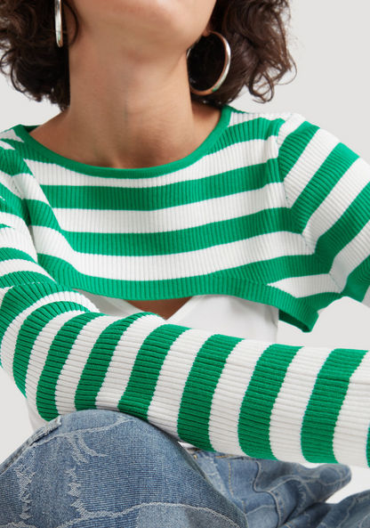 2Xtremz Striped Crop T-shirt with Long Sleeves and Crew Neck-T Shirts-image-2